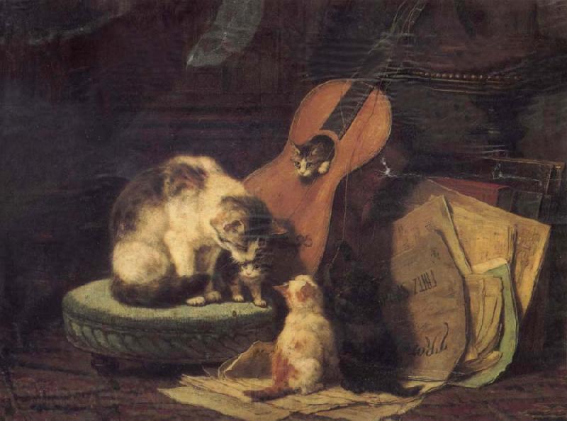 Henriette Ronner Cat,book and fiddle Spain oil painting art